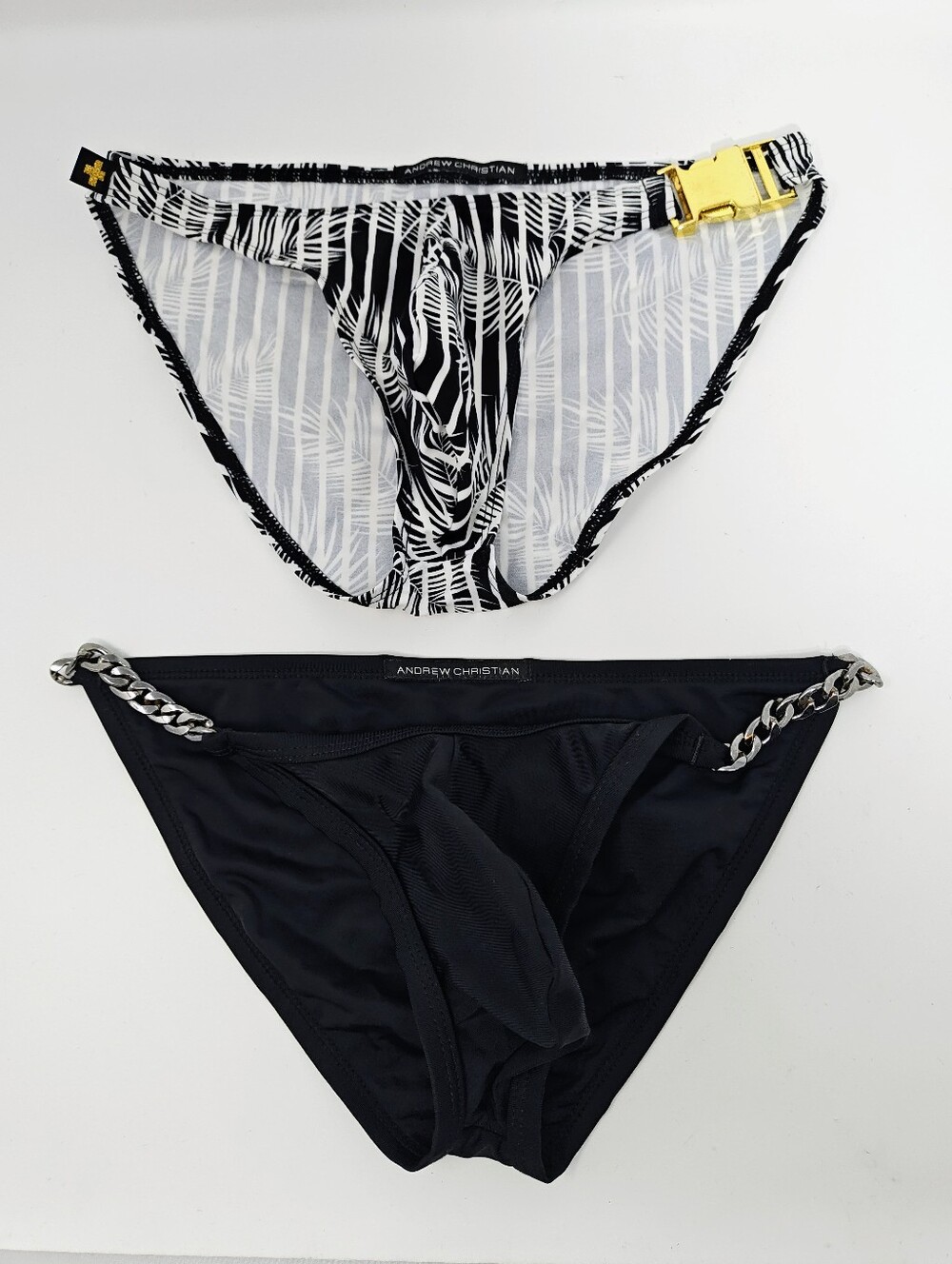 Andrew Christian Swim Briefs SM. Lot Of 2. Palms W Gold Buckle & Black W Chains
